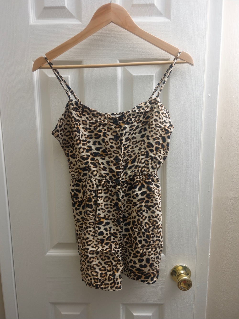 Active USA Leopard Print Satin Cami Romper - Beige and Brown